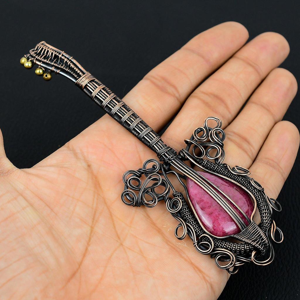 Guitar Shaped Rhodonite Gemstone Copper Wire Wrapped Handmade Jewelry Pendant Indian Jewelry For Her