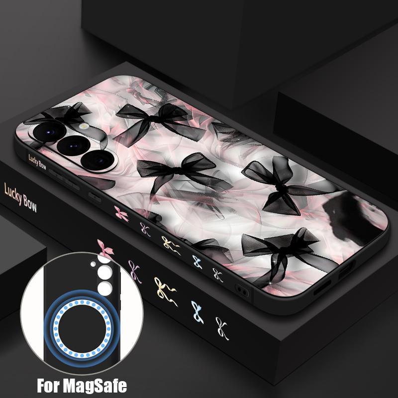Black Bowknot Print Magnetic Phone Case For Samsung Galaxy S26 S25 S24 Ultra S23 S24 S25 FE S22 Plus For Magsafe Soft TPU Cover