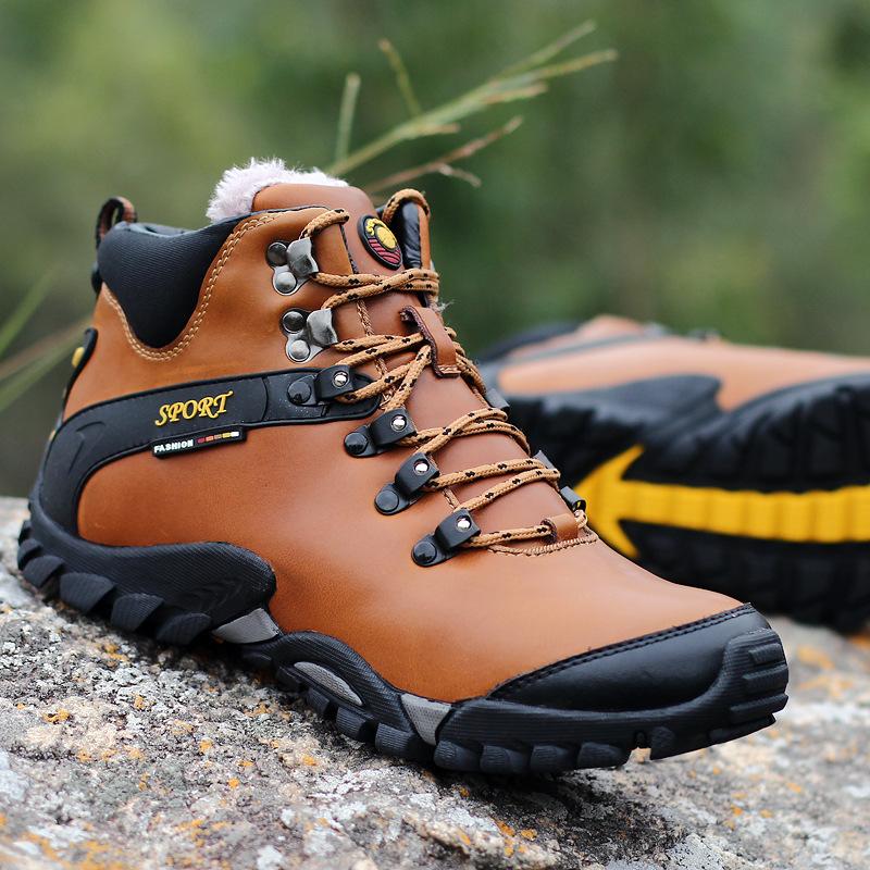 Nadměrná velikost Podzimní a zimní Pánské outdoorové tenisky z pravé kůže Vysoké teplé boty s bavlněnou podšívkou a sametem Pánské protiskluzové pracovní boty