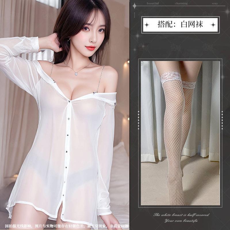 Sex underwear set sexy sweet wind chiffon white shirt uniform temptation nightdress perspective off the shoulder
