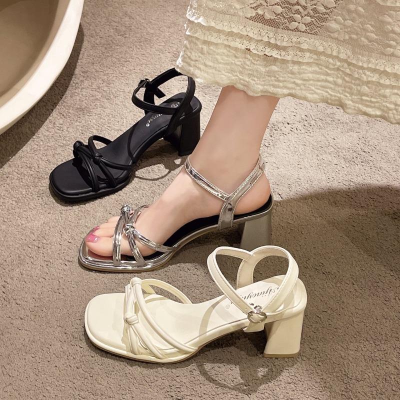 Fashion Lazyseal Straps Women Heels Sandals Buckle Silver Solid Color Sexy Summer Shoes for Woman 2025 New Fashion Party Shoes