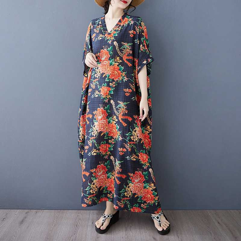 

Летнее цветное дорожное платье с V-образным вырезом в стиле ретро, длинная юбка, хлопок-лен One size