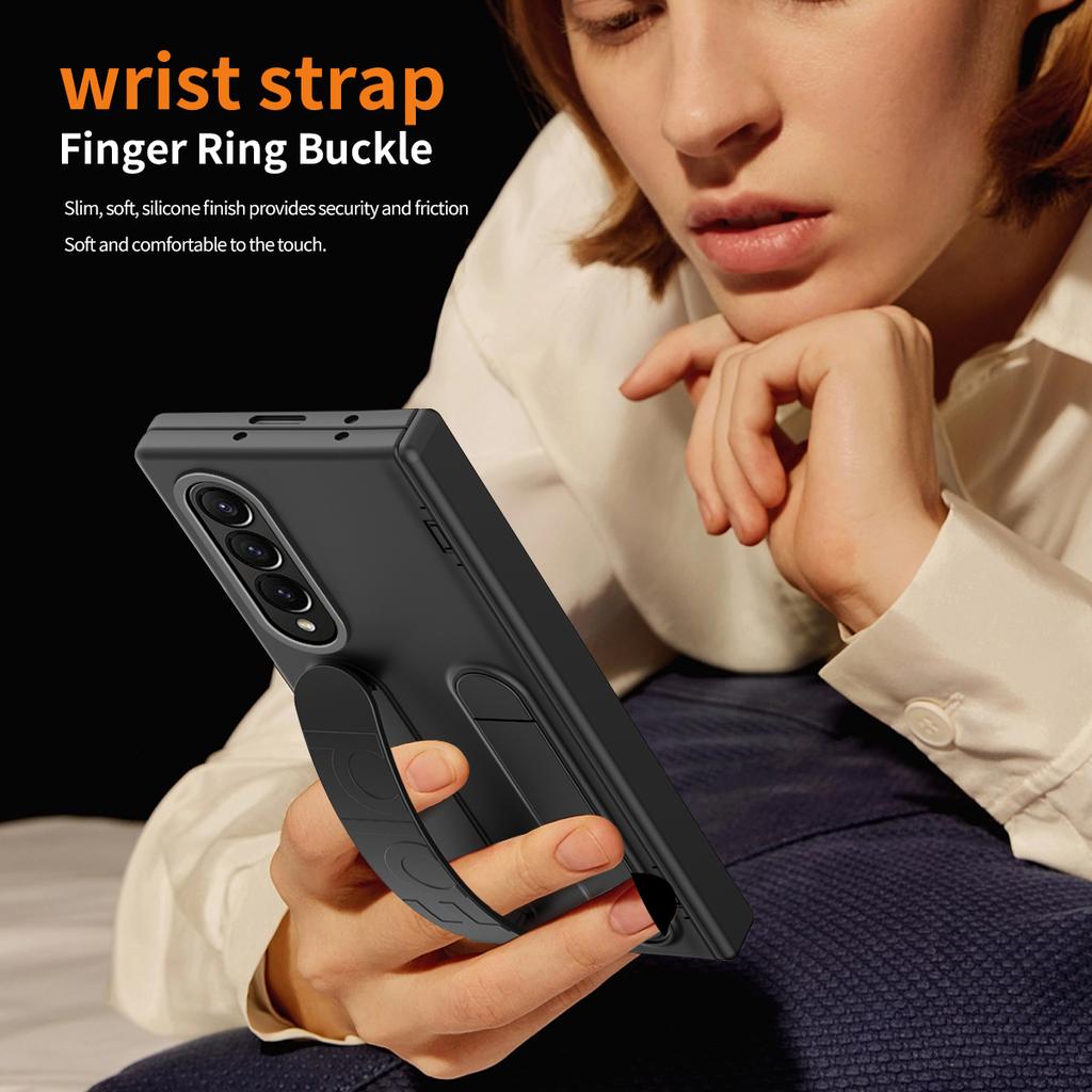 For Samsung Galaxy Z Fold4 5G Case Kickstand Wristband PC Phone Cover with Tempered Glass Film