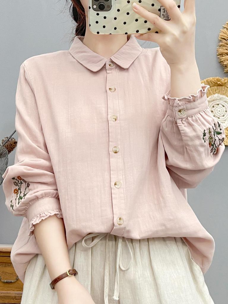 Women's Forest Style Embroidered Cotton Gauze Shirt: Long Sleeve, Soft, Breathable, Loose Fit, Slimming, Pure Cotton Top