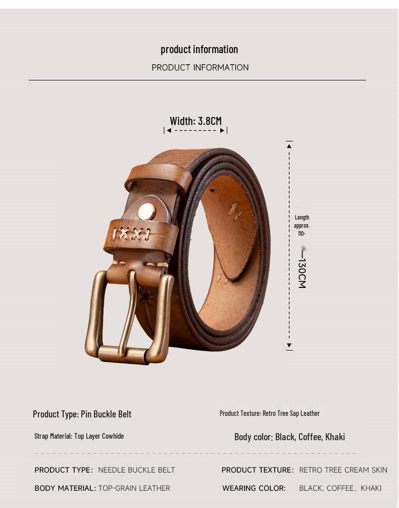 Handmade Men's Genuine Leather Pin Buckle Belt: Pure Cowhide, Casual Retro Design for Students, Middle-aged, and Young People, Trendy Denim Accessory.