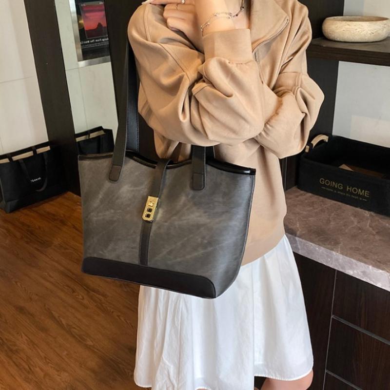 Contrast Canvas Bag Casual Versatile Shoulder Handbag Bucket Bag Large Capacity Tote Bag