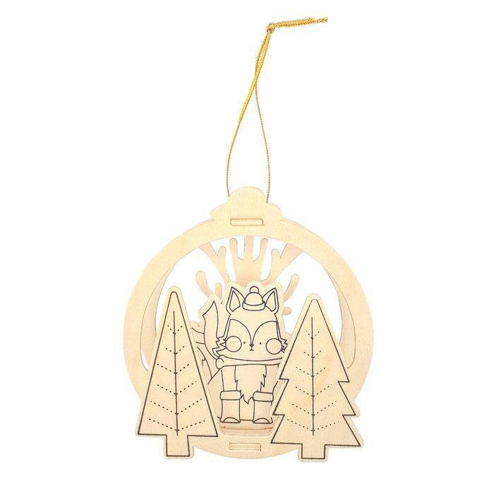 Suspension Scène de Noël en bois motif Renard 10,5 x 11,5 cm