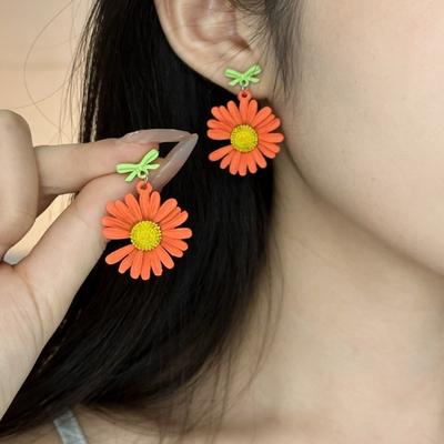 Summer Vitality Orange Daisy Stud Earrings Fresh Bow Earrings Cute Girl Heart Sweet Daily Accessories
