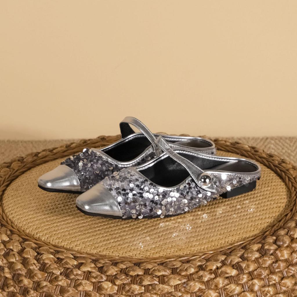 Grape Mother Autumn New Fashion Sparkling Sequins Single Shoes Women's Fashion Wear Comfortable Half To Muller Single Shoes Women