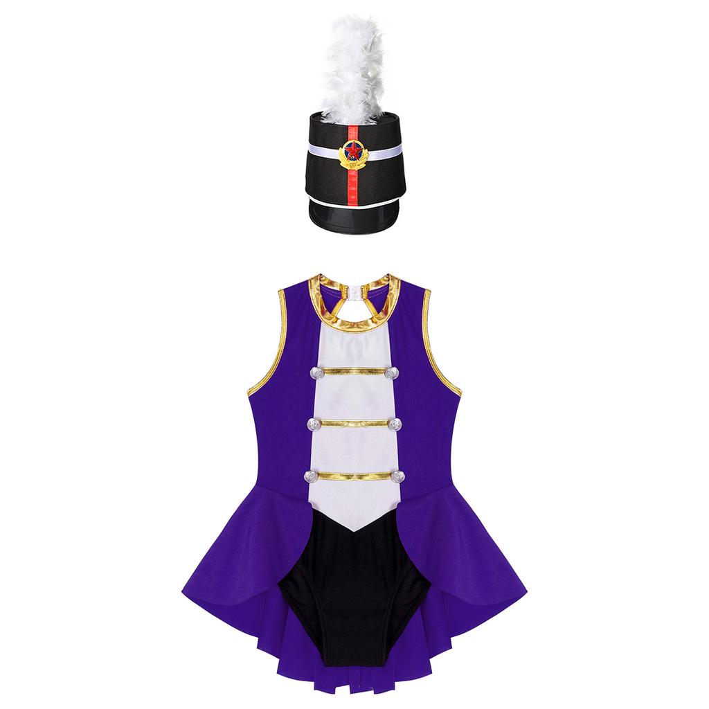 Girls Flag Raiser Performance Costume: Round Neck Cutout Back Sleeveless Leotard & Matching Feather Hat for Cosplay Dress Up
