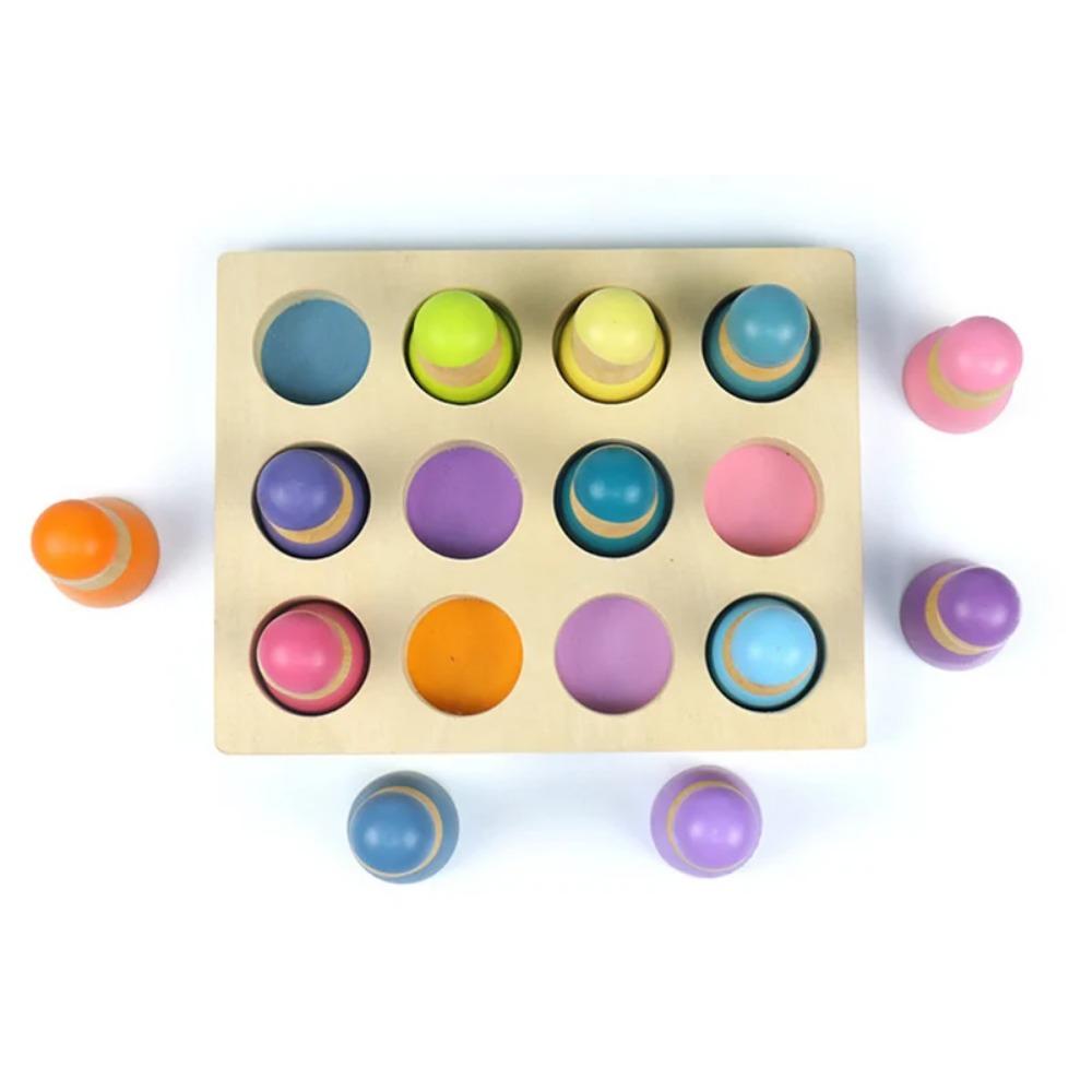 Montessori Sorting Board Puzzle Game Solid Wood Rainbow/Macaron Color Tray Villain Bead Color Cognition Matching Educational Toy