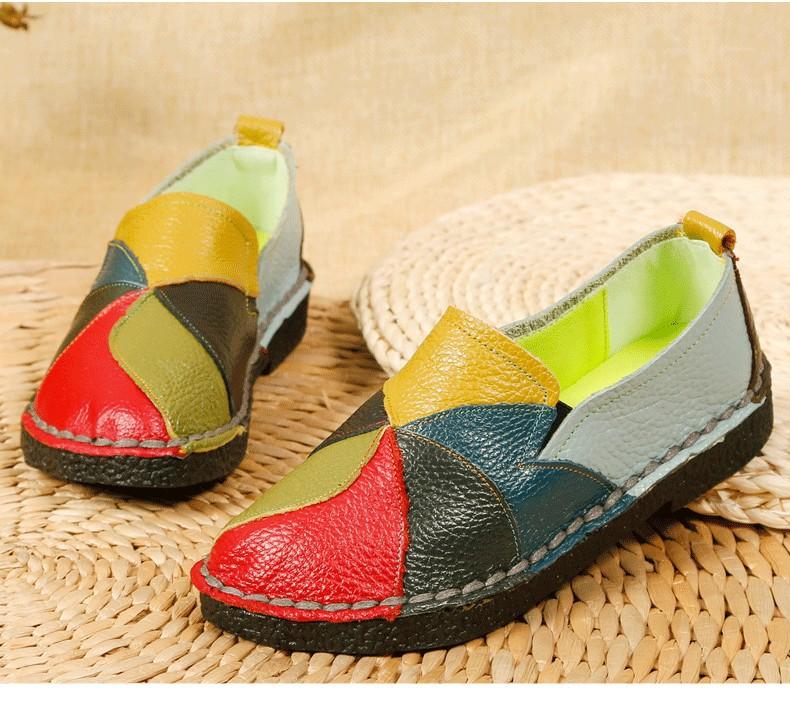 New Flat Women's Shoes Genuine Leather Casual Color-blocking Women's Singles Shoes Middle Mother's Shoes Large Size Shoes