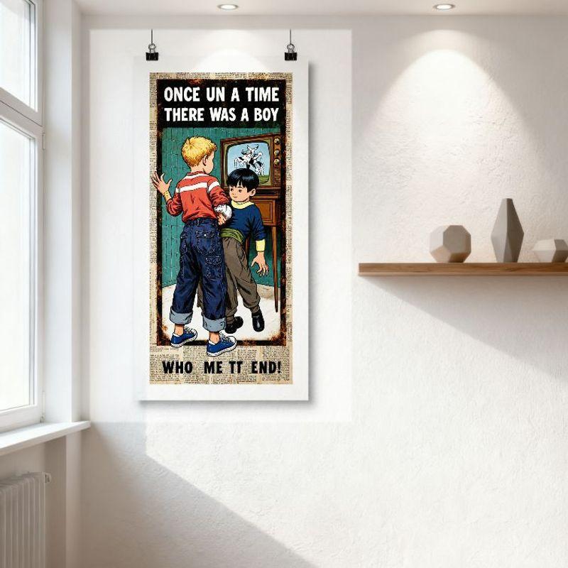 Vintage Once Upon a Time Two Boys TV Mickey Mouse Tin Sign Retro Newspaper Texture Art Metal Plaque for Man Cave Home Bar Cafe D