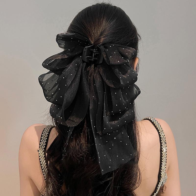 Korean Style Fashion Large Bow Ribbon Hair Claw Super Fairy Temperament Glitter Rhinestone Hair Clip Girl Sweet Hair Accessories