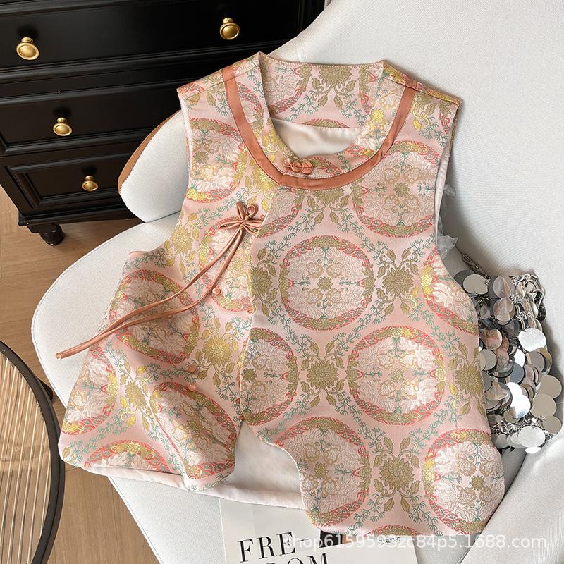 

Новый жаккардовый жилет ручной работы с дисковой пряжкой из золотой нити женский 2025 темпераментный многослойный жилет XXXL [Recommended 138-75kg]