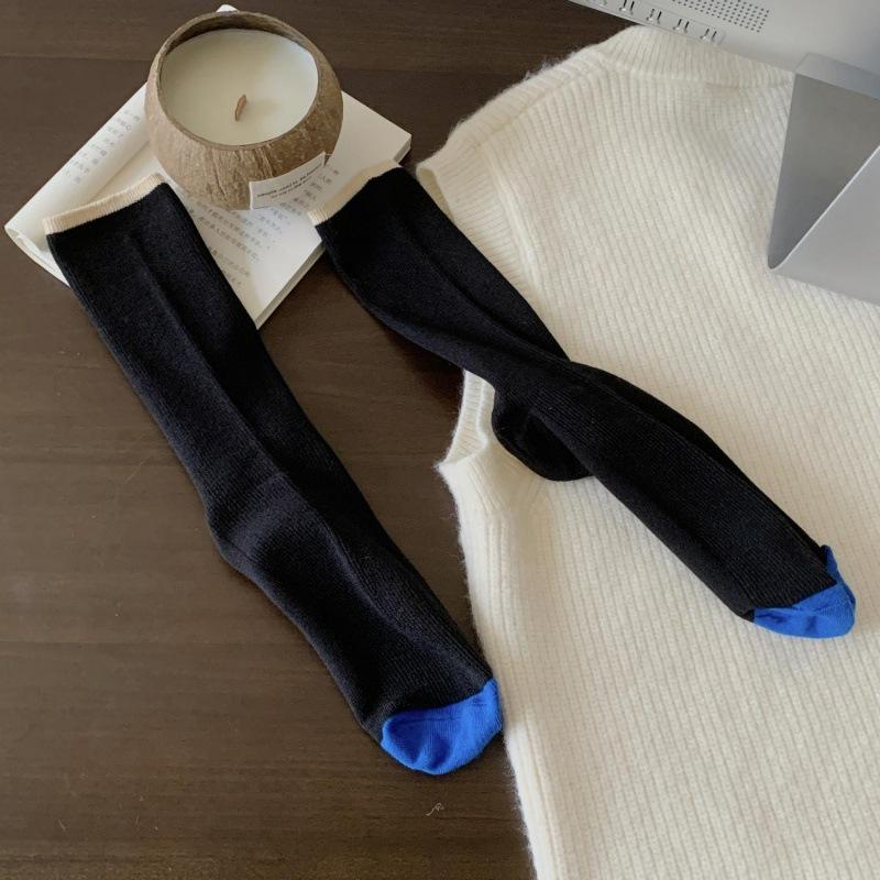 Socks Women'S Contrasting Color Trendy Socks Double Needle Pure Cotton Medium Tube Socks Drawing Casual Versatile Socks