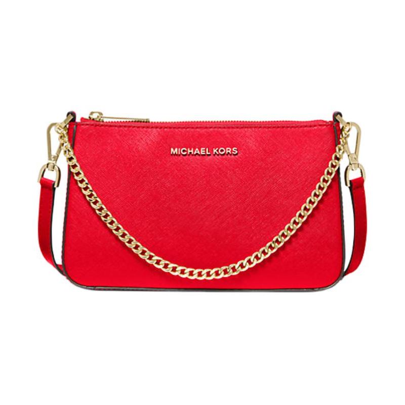 Michael Kors Jet Set Letter Logo Chain Zipper Closure Leather Envelope Bag Shoulder Crossbody Bag Medium Women's Red