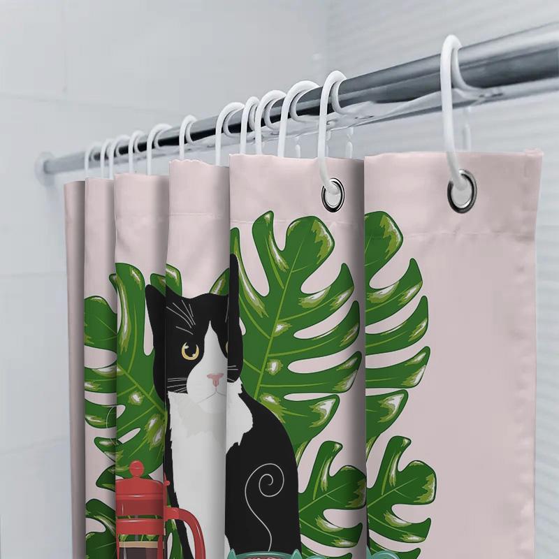 Cat Plant Pattern Shower Curtain Tropical Leafy Greenery Bathroom Decor Waterproof Fabric Liner Vintage Style Home Textile