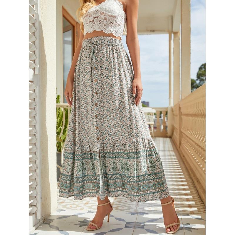 Women's Summer High Waist Printed Buckle Split Holiday Halter Skirt