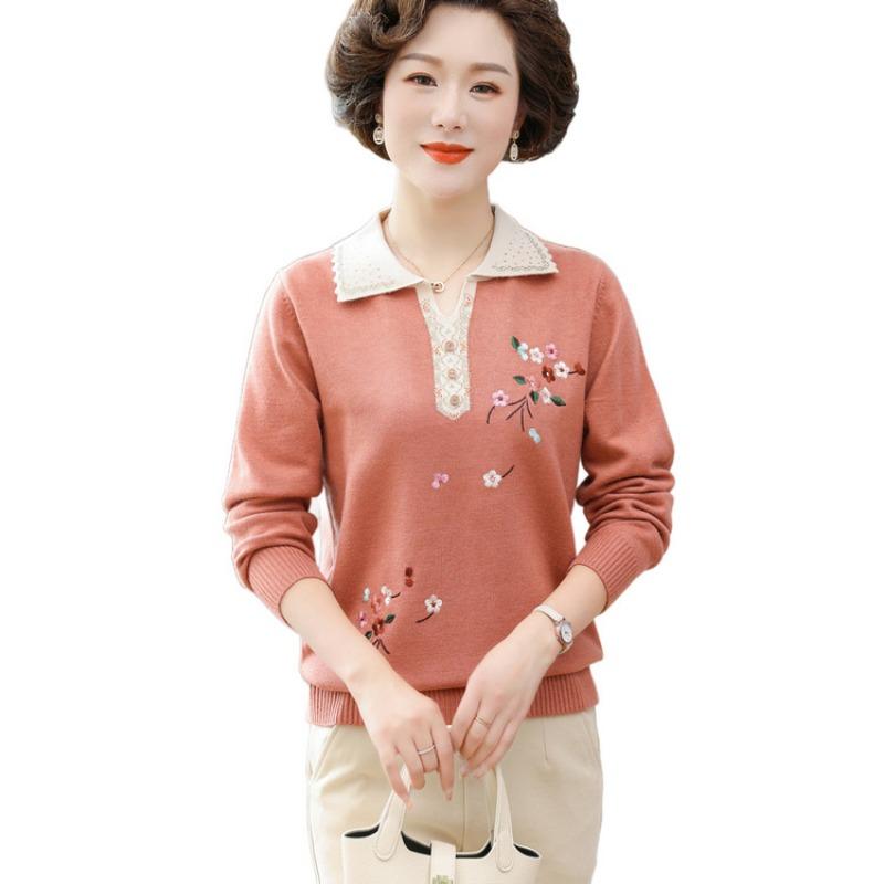 Light mother spring new lapel embroidered shirt middle-aged and elderly bottoming shirt top spring knitted sweater thin