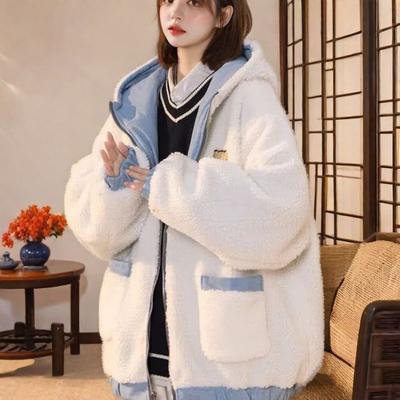 Jachetă de bumbac reversibilă albastru de iarnă pentru femei, groasă, căptușită cu lână, palton confortabil din blană de oaie