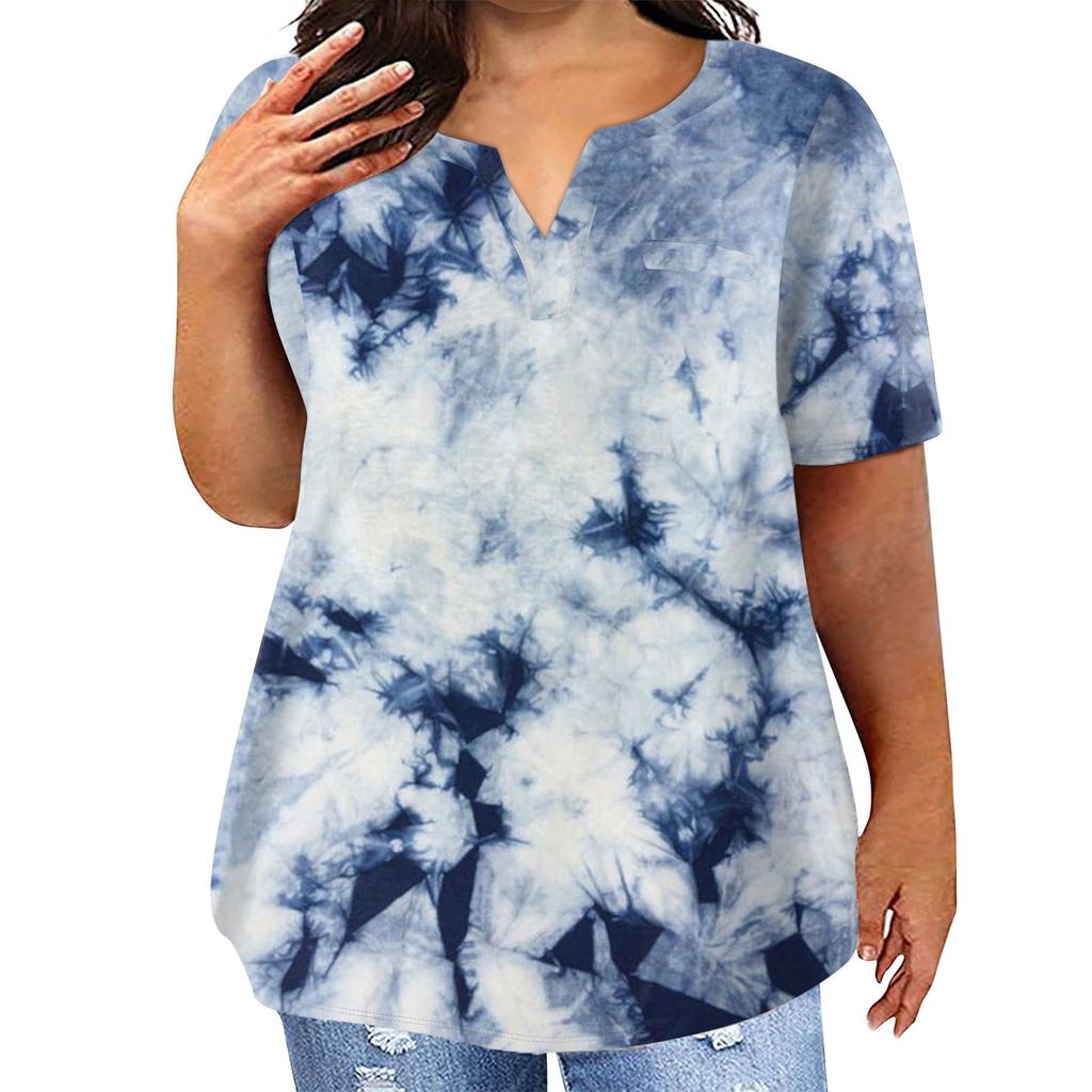 T-shirt décontracté à manches courtes et col en V pour femme, grande taille, imprimé tie-dye, avec poches