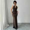 New hot-selling long backless mesh pullover V-neck women's dress dress new