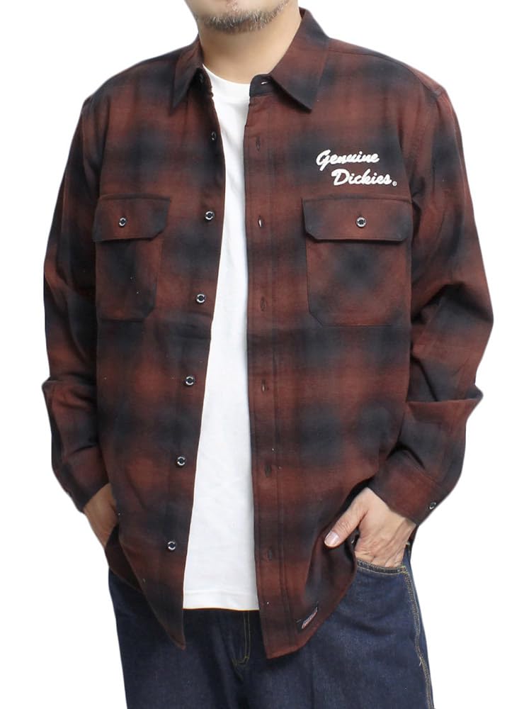 

GENUINE DICKIES Men s Check Shirt, Plus Size, Logo Embroidery, Long Sleeve, Work Shirt, Size 5L, Red (01)