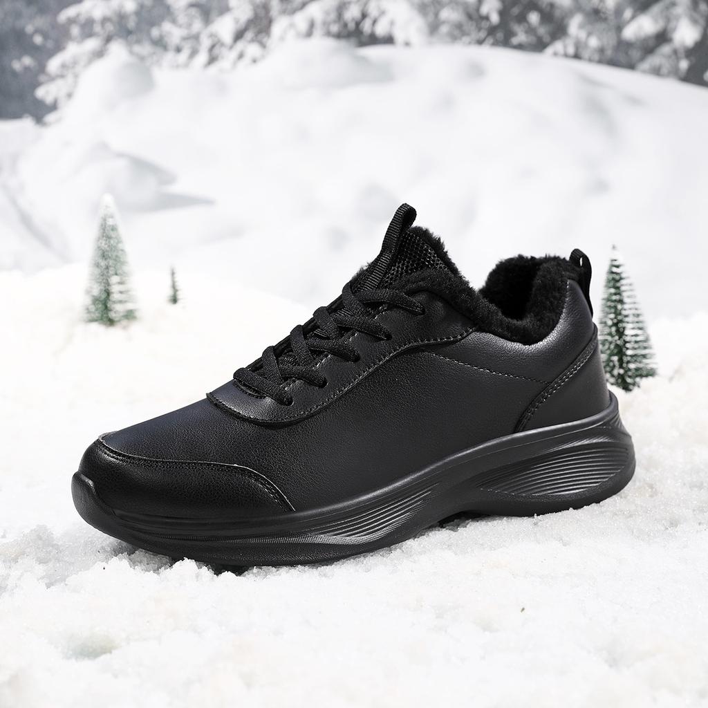 Leather shoes winter velvet warm cotton shoes two cotton non-slip running shoes flat all black sports and leisure shoes
