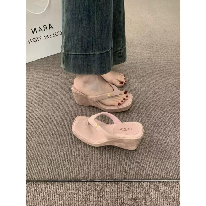 Fashion Fashion Square Clip Toe Platform Sandals Woman Chic Denim Wedge Flip Flops Ladies Summer Street Style Thick High Heel Slippers