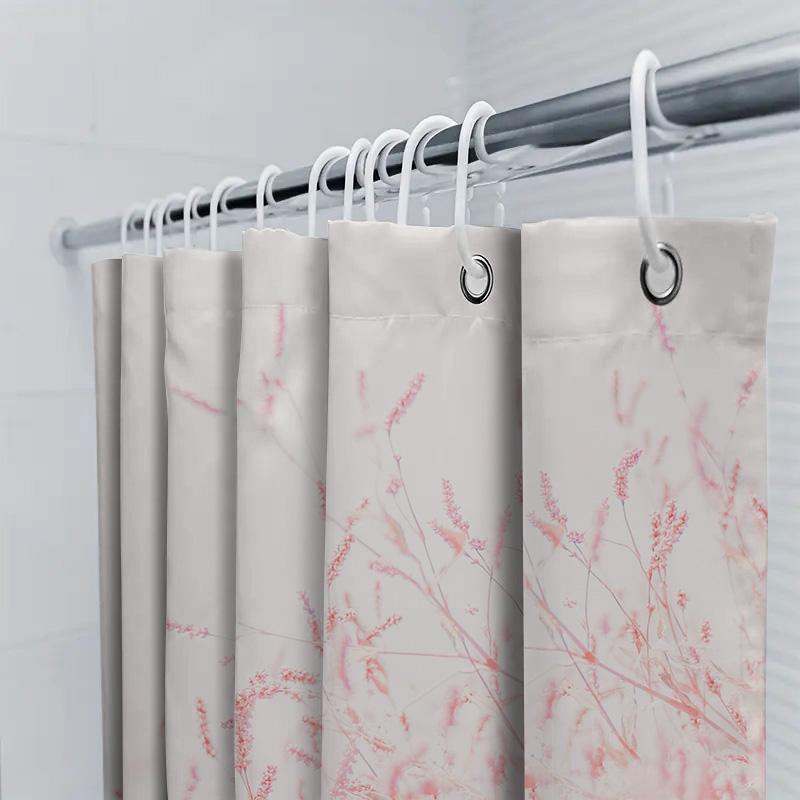 Delicate Pink Flowers Print Shower Curtain Waterproof Bath Decor for Bathroom Renovation Home Decoration White + Red Fabric Size