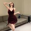 Autumn new scheming, pure desire, Spice Girl drawstring, waist repair, suspender, swing collar, backless hip-wrapped dress for women
