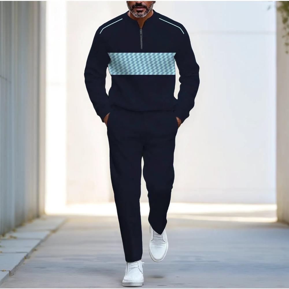 Spring Autumn Fashion Streetwear Men's Long-Sleeved Half-Zipper Stand-Up Collar Men's Casual Sportswear Two-Piece Set