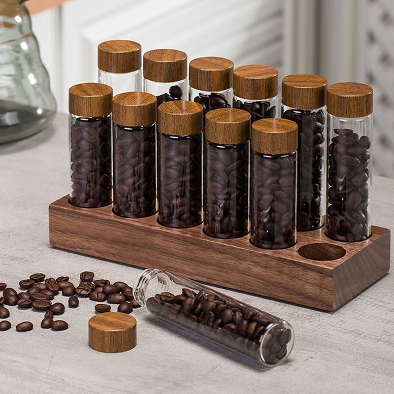 Coffee Beans Storage Container Tube Glass Display 6/12 Tubes Single Dose Coffee Accessories With Wooden Stand