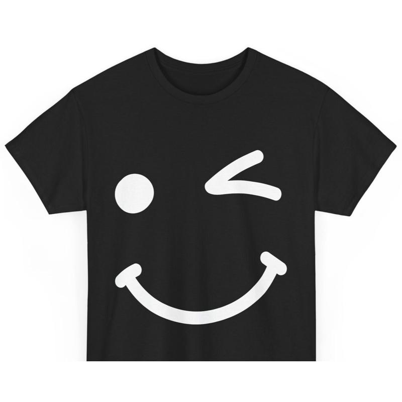 Black T Shirt with Winking Face Graphic Fun and Playful Unisex Tee S разноцветный