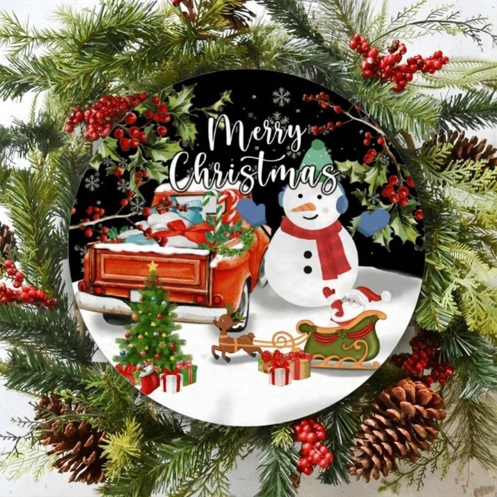 Merry Christmas Snowman Round Tin Sign 7.8 Inch Rustic Metal Wall Decor Pine Branches