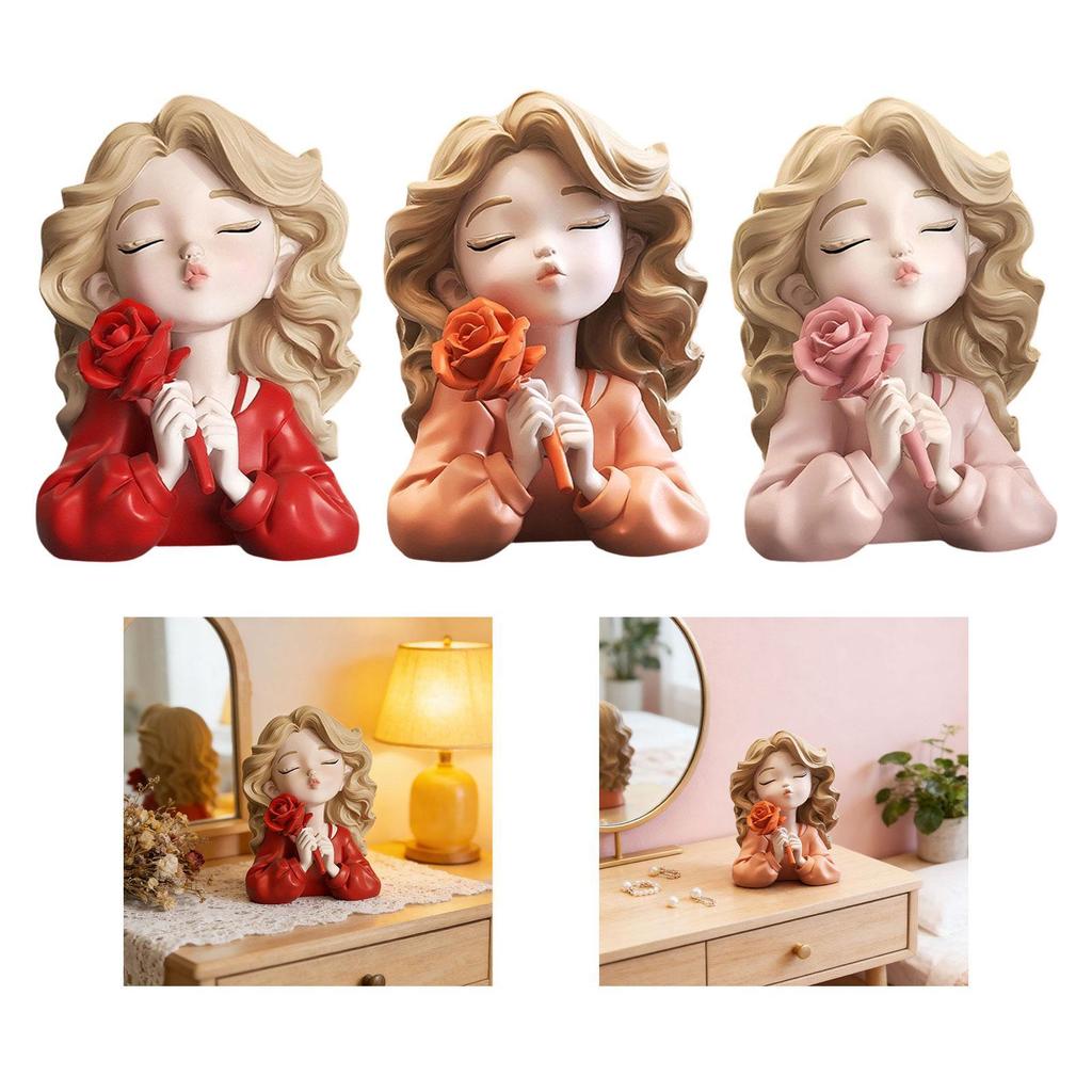 Resin Girl Statue Holding Flower Desk Figure Indoor Home Decor Decoration Sculpture for Mother Day Xmas Birthday Lovers Shelf