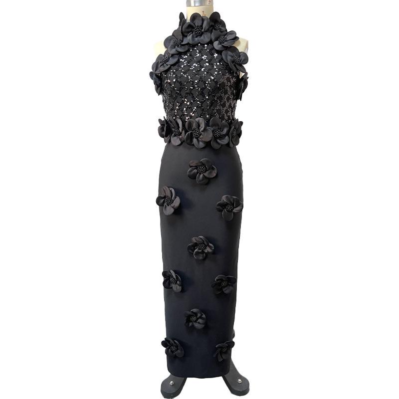 Cross-Border New Fashion 3D Floral Sequin Sleeveless Bodycon Evening Gown