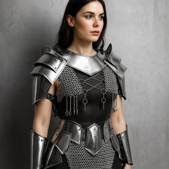 Women’s Medieval Knight Costume Handcrafted Steel Chainmail Armor Set for LARP, Cosplay And Renaissance Fairs