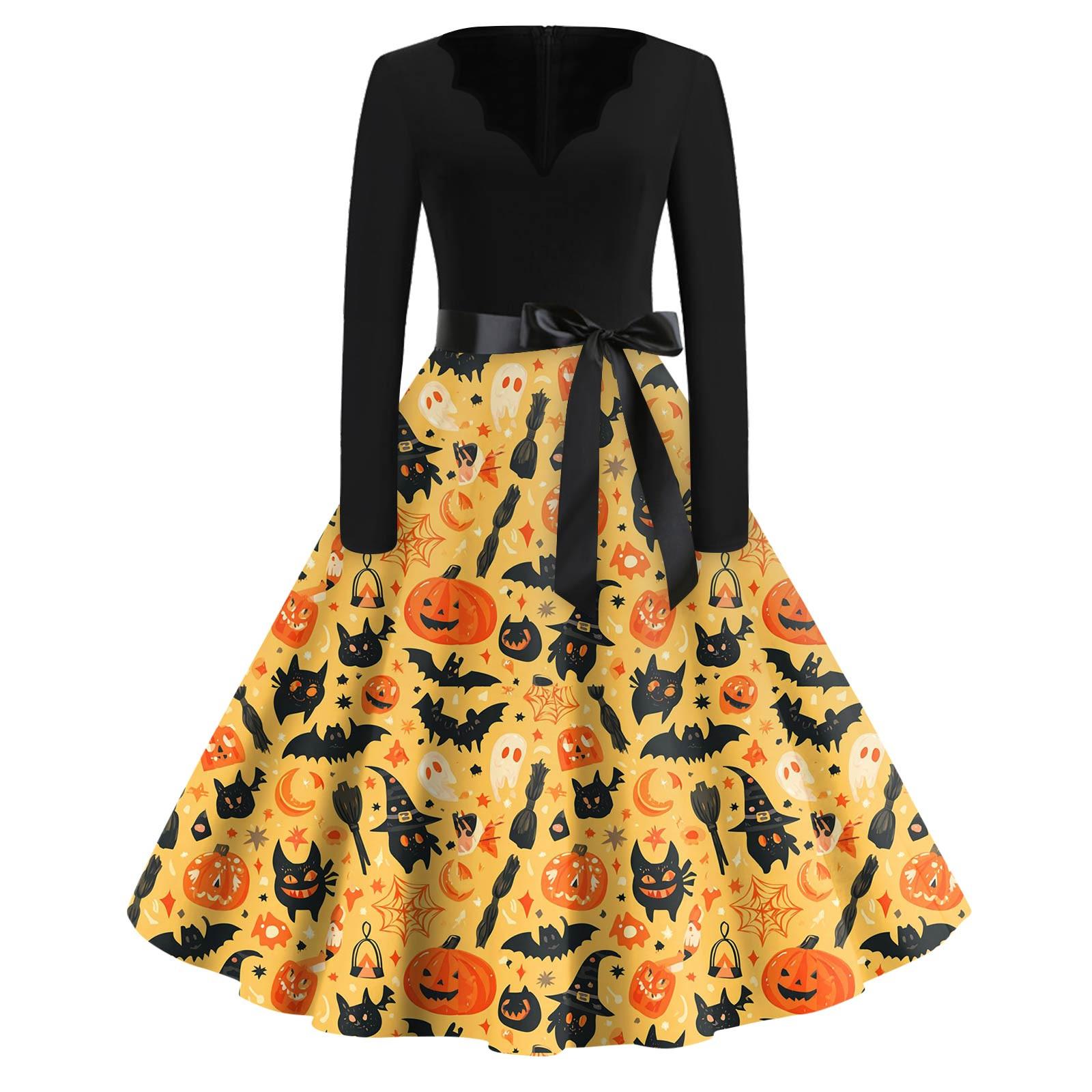 

Женская мода с v-образным вырезом, повседневные тонкие платья с длинными рукавами и принтом на Хэллоуин S жёлтый