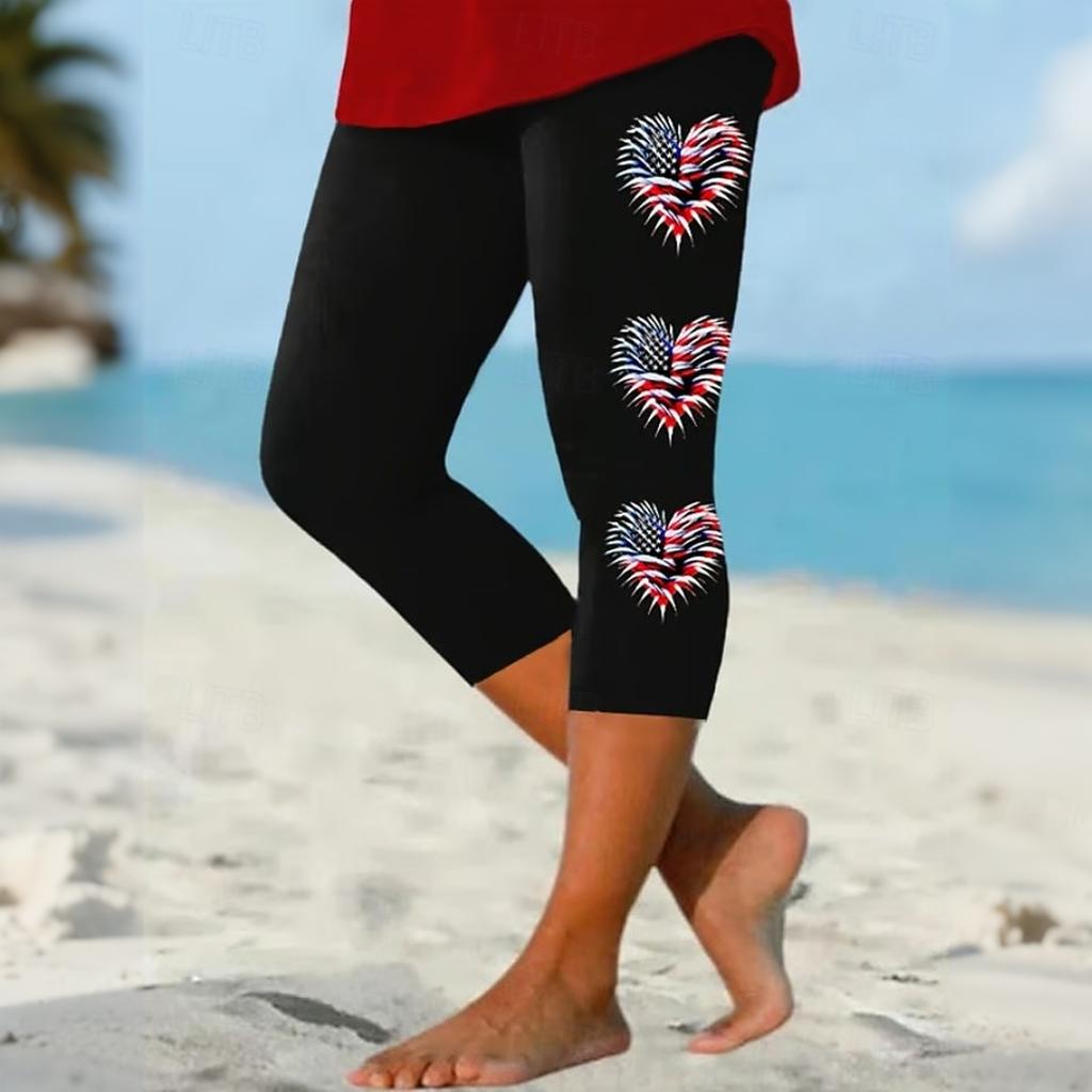 Women's Elastic Waist Capri Pants with Patriotic Heart Print Stretchy Fit Mid-Calf Length Casual Beach Bottoms