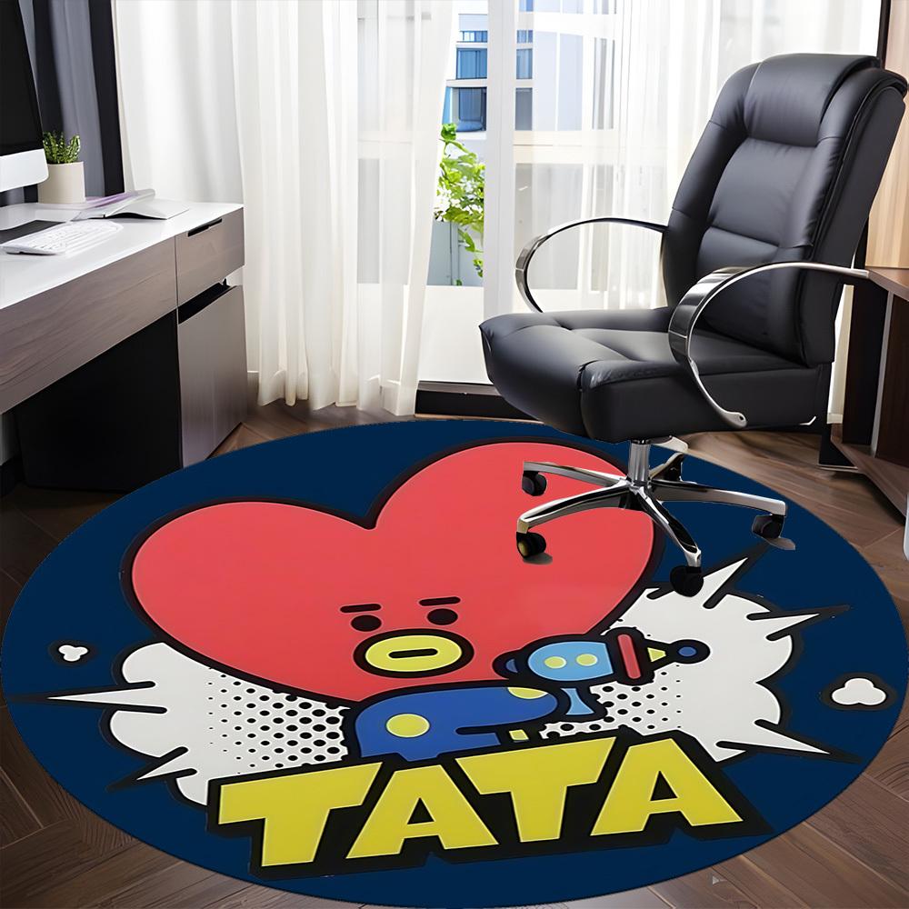 1PC Tata Character, BT21 Office Round Rug - Perfect for Office or Study Decor, Machine Washable, Non-Slip Backing, Decorative Floor Mat