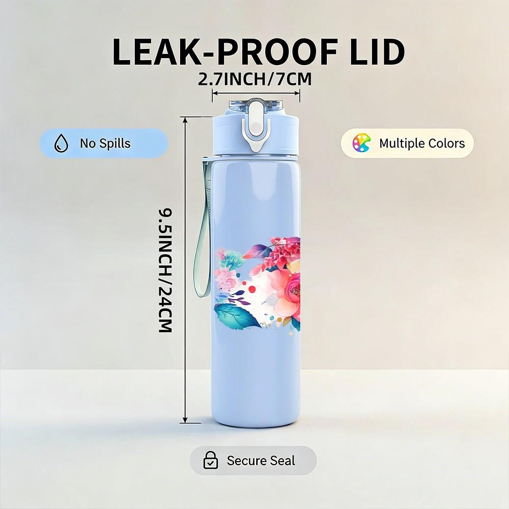 1PC Boho Mixed Flower Bouquet Print 750ml Color Plastic Sports Water Bottle Leakproof Flip Straw Lid Suitable for Sports Office Home Use