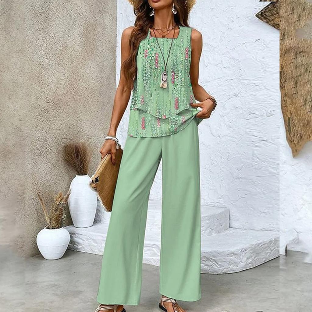 Zweiteiliges Sommer-Set für Damen, lockeres, ärmelloses, doppellagiges Westentop, lässige Hosen, Urlaubsset