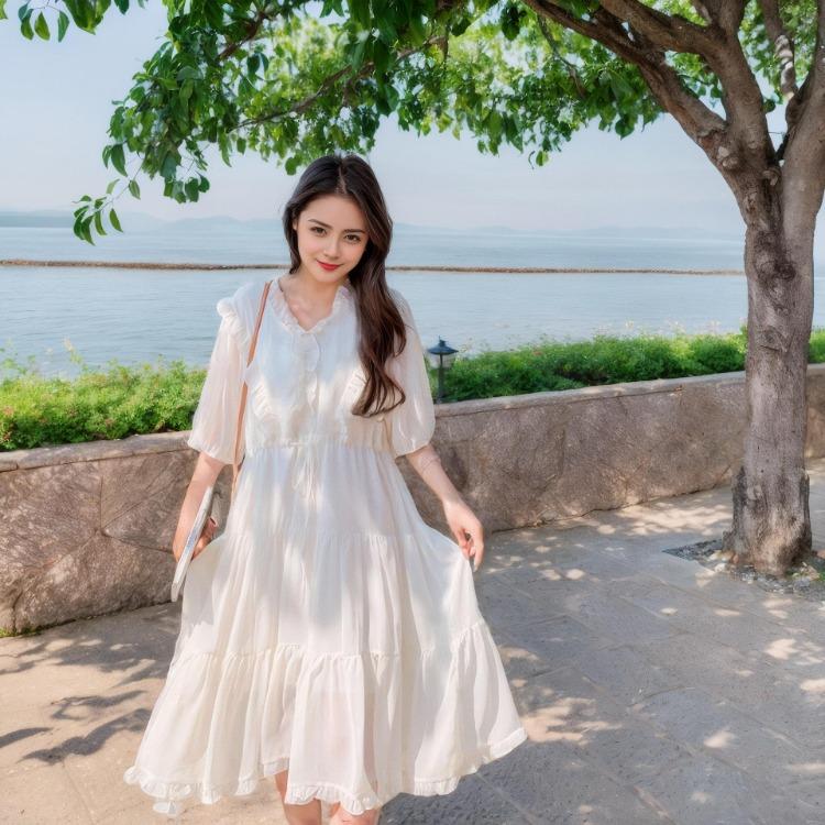 Summer White Moonlight Dress for Women Slimming Lace Up Waist Chiffon French Black Ears Sweet First Love Dress