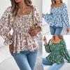 Blusa da Donna Casual con Scollo Quadrato, Stampa Floreale, Maniche Lunghe a Svasatura, in Chiffon, Top per le Vacanze