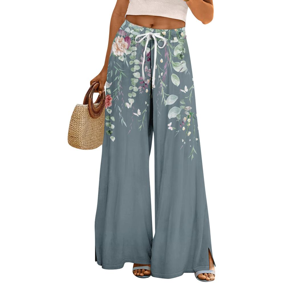 Women Summer Boho Palazzo Pants High Waist Wide Leg Floral Printing Casual Trousers With Pockets