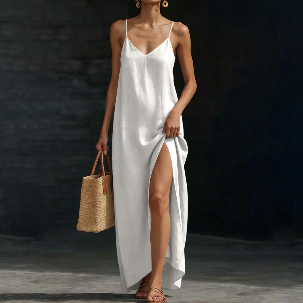 Women’s Sleeveless Maxi Dress with Adjustable Spaghetti Straps and Side Slit Relaxed Fit Long Sundress for Summer Beachwear
