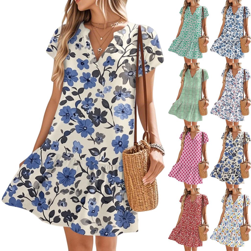 Women's Dresses Short Sleeve V-Neck Floral Printed Loose Casual Temperament Beach Dresses