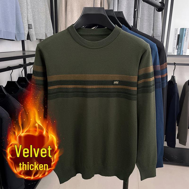 Men s Thick Knit Wool Sweater - Warm Striped Base Layer for Mid-Aged and Young Men 3XL зелёный